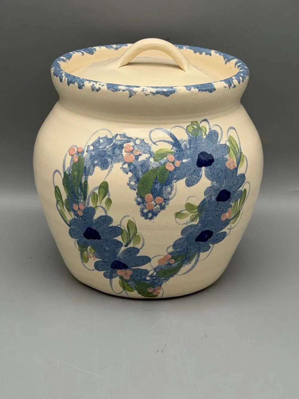 East Texas Pottery Lidded Crock Blue Floral Heart Wreath Spongeware Handmade